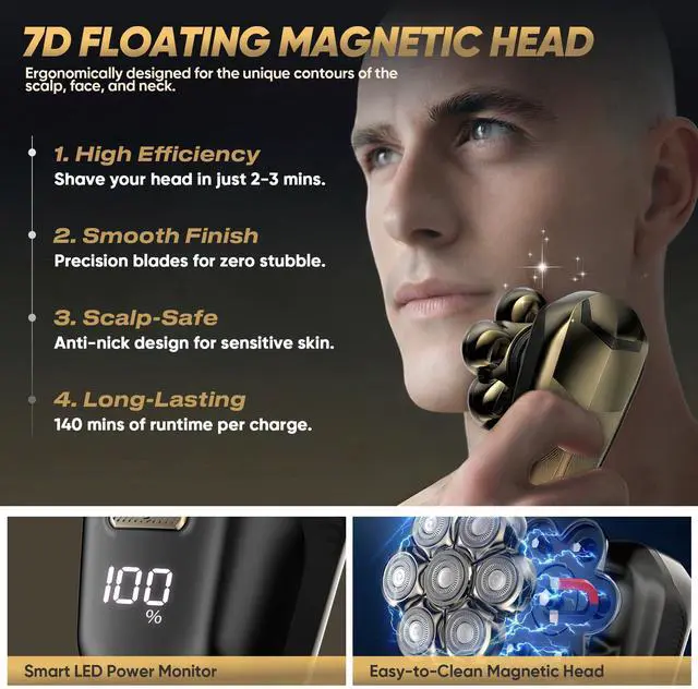 Alt view image 3 of 7 - Head Shavers for Bald Men, Electric Razor with 7D Magnetic Shaver Heads, Wet Dry Waterproof Bald Head Trimmer Kit for Women & Men, Nose Ear Hair Trimmer, USB Rechargeable Clippers, Bright Black