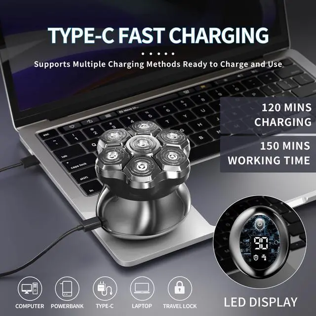 Alt view image 5 of 7 - Head Shavers for Bald Men,Magnetic Head Shaver,Waterproof Wet Dry Shaving,Electric Bald Head Razor,LED Display,Cordless Rechargeable 7D Shaver for Scalp/Face/Beard with Type-C Charge