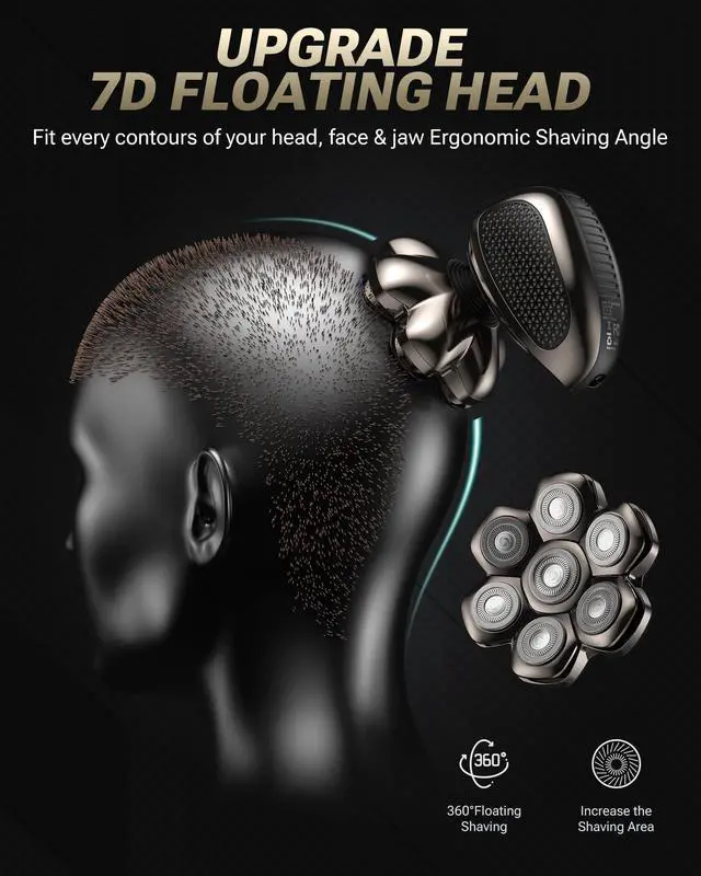 Alt view image 4 of 5 - Head Shaver for Bald Men, 7D Floating Electric Razor, Close Smooth Shave for Head, Flexible Heads, Replaceable Blade, IPX7 Waterproof Wet Dry Use, LED Display, USB Charging