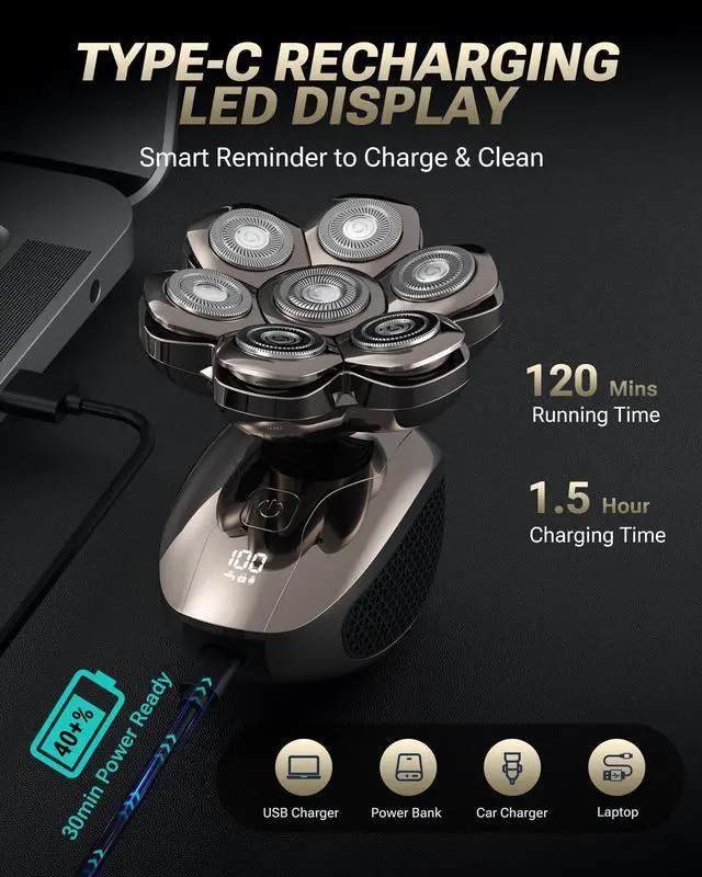Alt view image 2 of 5 - Head Shaver for Bald Men, 7D Floating Electric Razor, Close Smooth Shave for Head, Flexible Heads, Replaceable Blade, IPX7 Waterproof Wet Dry Use, LED Display, USB Charging