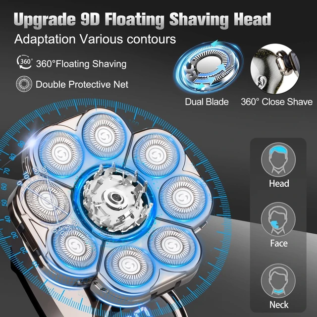 Alt view image 2 of 7 - Head Shaver for Bald Men, 9D Floating Men's Electric Shavers, Waterproof Wet/Dry Grooming Kit Razors for Men, Cordless Rechargeable Razor, Portable Travel Shaver for Skull, Gift for Men