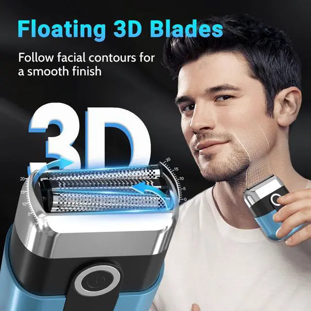 Alt view image 2 of 7 - Electric Foil Shavers for Men: Mini Electric Razor, Foil Shaver for Face, IPX7 Waterproof Wet Dry Cordless Razor with 3 Floating Blades, LED Display for Travel & Home, USB Type C (Blue)