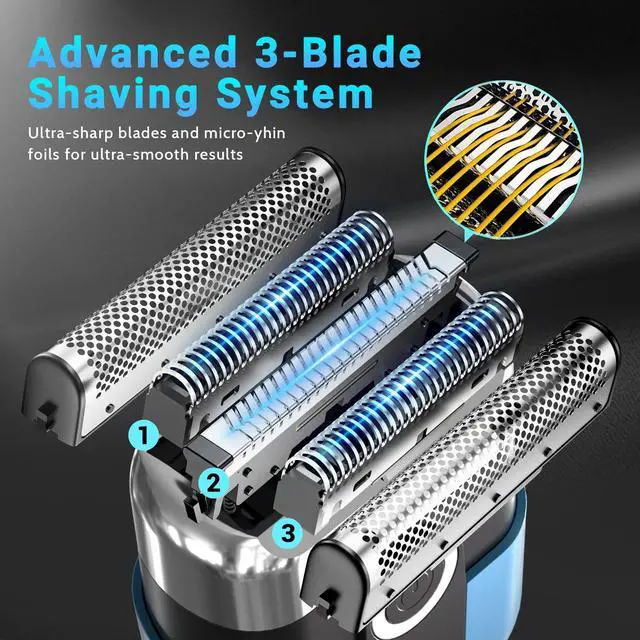 Alt view image 3 of 7 - Electric Foil Shavers for Men: Mini Electric Razor, Foil Shaver for Face, IPX7 Waterproof Wet Dry Cordless Razor with 3 Floating Blades, LED Display for Travel & Home, USB Type C (Blue)