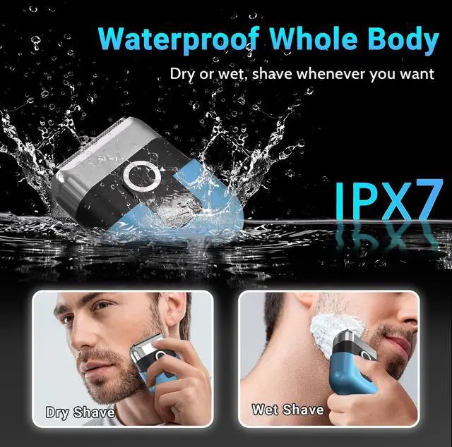 Alt view image 5 of 7 - Electric Foil Shavers for Men: Mini Electric Razor, Foil Shaver for Face, IPX7 Waterproof Wet Dry Cordless Razor with 3 Floating Blades, LED Display for Travel & Home, USB Type C (Blue)