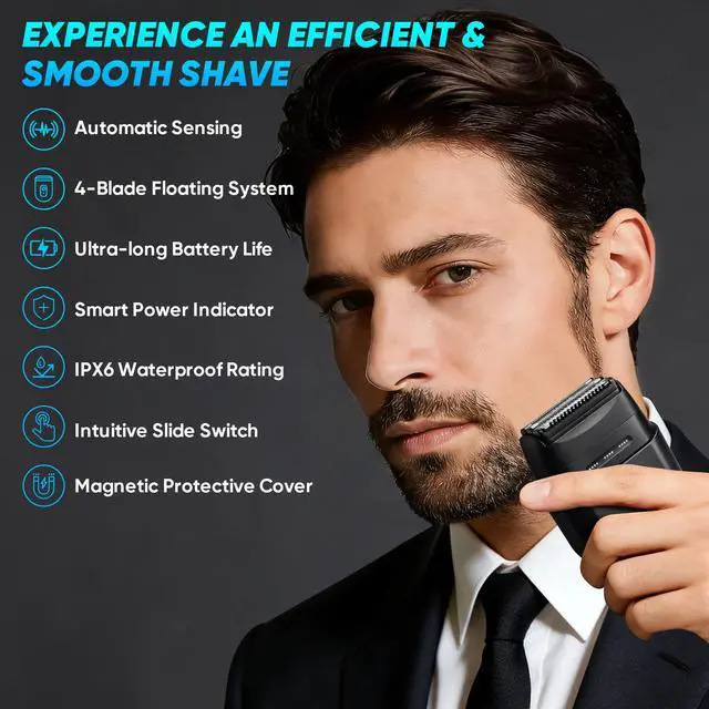Alt view image 2 of 6 - Electric Foil Shavers for Men: Compact Electric Razor with 4 Floating Blades, Travel Portable Foil Shaver for Men, USB-C Rechargeable, Waterproof Wet Dry Cordless Face Shaver for Travel & Home, Black