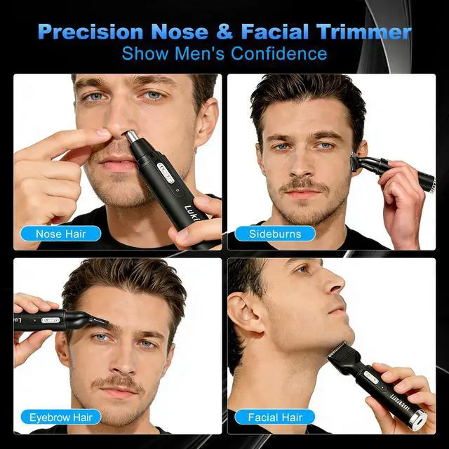 Alt view image 2 of 7 - Rechargeable Ear and Nose Hair Trimmer, 4-in-1 Professional Painless Eyebrow & Facial Hair Trimmer for Men Women, Powerful Motor and Dual-Edge Blades for Smoother Cutting, Black (Black)