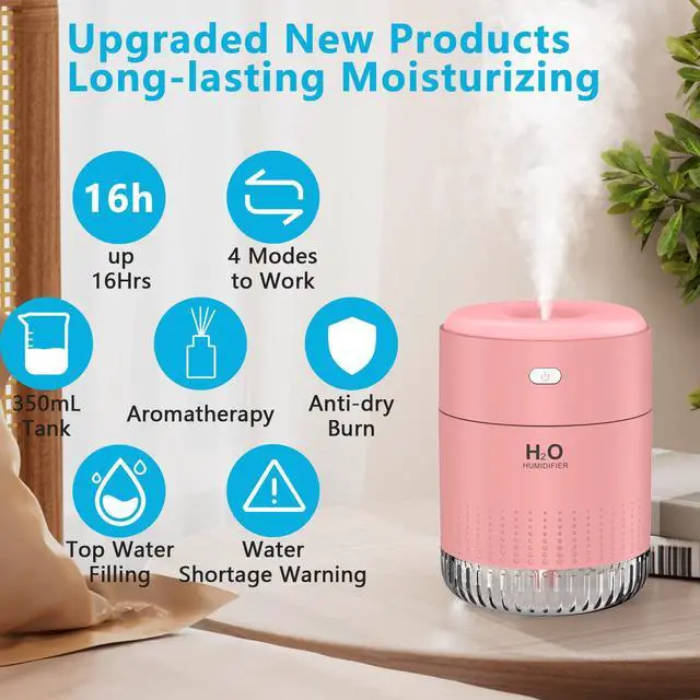 Alt view image 2 of 6 - Portable Mini Humidifier, 500ML USB Personal Cool Mist Humidifiers for Bedroom Office Travel Desk, Whisper Quiet 20dB with 2 Mist Modes & Auto Shut-Off, Small Desktop Humidifier(Pink)