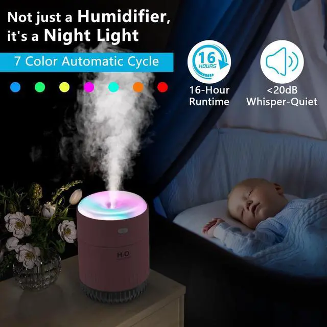 Alt view image 3 of 4 - Colorful Mini Humidifier, USB Rechargeable Humidifier, 4 Modes Super Quiet, Humidifiers For Bedroom,Suitable For Travel Office Family-Rose Pink