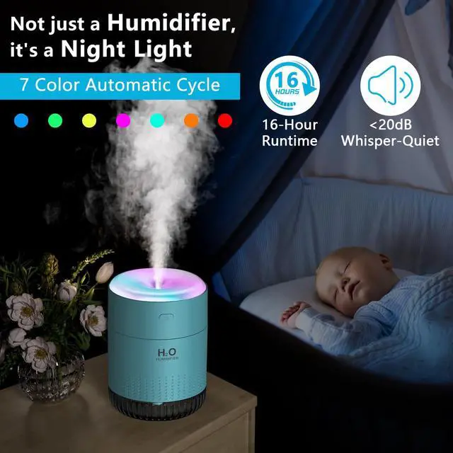 Alt view image 3 of 7 - Colorful Mini Humidifier, USB Rechargeable Humidifier, small humidifier, 4 Modes Super Quiet, Humidifiers For Bedroom,Suitable For Travel Office Family Baby Bedroom-Blue