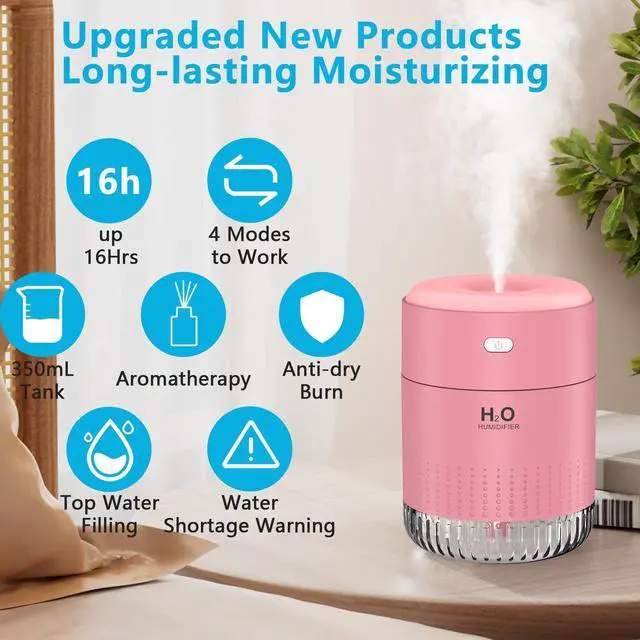 Alt view image 2 of 4 - Colorful Mini Humidifier, USB Rechargeable Humidifier, 4 Modes Super Quiet, Humidifiers For Bedroom,Suitable For Travel Office Family-Rose Pink