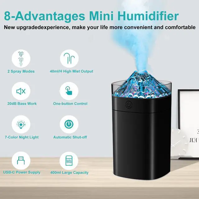 Alt view image 2 of 7 - Portable Small Humidifier, 400ml Cool Mist Humidifiers for Bedroom, USB Powered Desktop Humidifier with Light for Car, Office, Travel, Plants, Auto Shut-Off, 2 Mist Modes, Super Quiet, Black