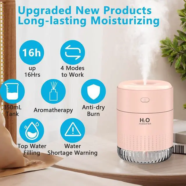 Alt view image 2 of 6 - Colorful Mini Humidifier, USB Rechargeable Humidifier, small humidifier, 4 Modes Super Quiet, Humidifiers For Bedroom,Suitable For Travel Office Family Baby Bedroom-Soft Pink