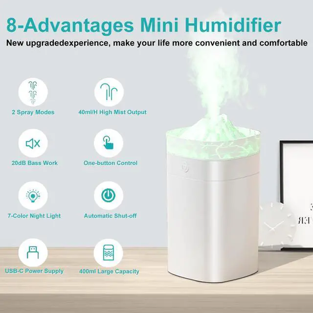 Alt view image 2 of 7 - Portable Small Humidifier, 400ml Cool Mist Humidifiers for Bedroom, USB Powered Desktop Humidifier with Light for Car, Office, Travel, Plants, Auto Shut-Off, 2 Mist Modes, Super Quiet, White-Crackle