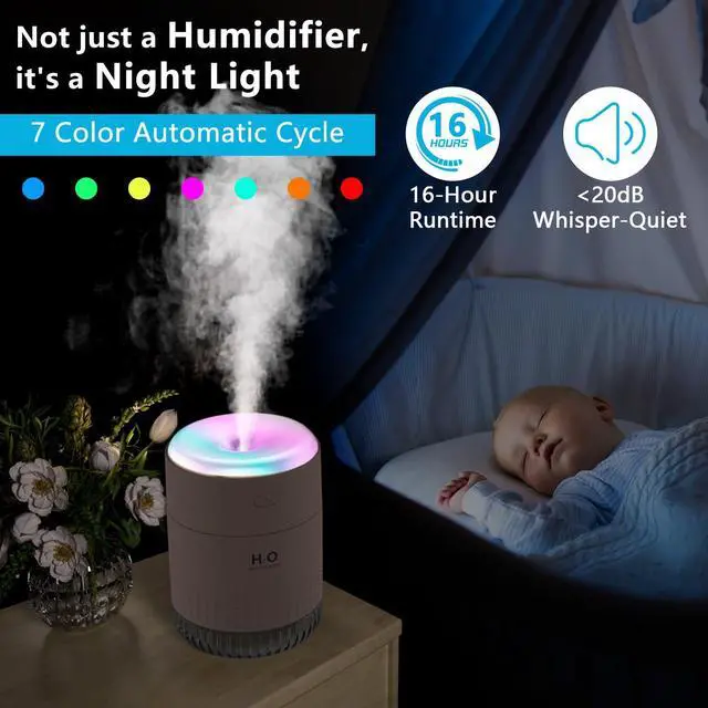 Alt view image 3 of 6 - Colorful Mini Humidifier, USB Rechargeable Humidifier, small humidifier, 4 Modes Super Quiet, Humidifiers For Bedroom,Suitable For Travel Office Family Baby Bedroom-Soft Pink