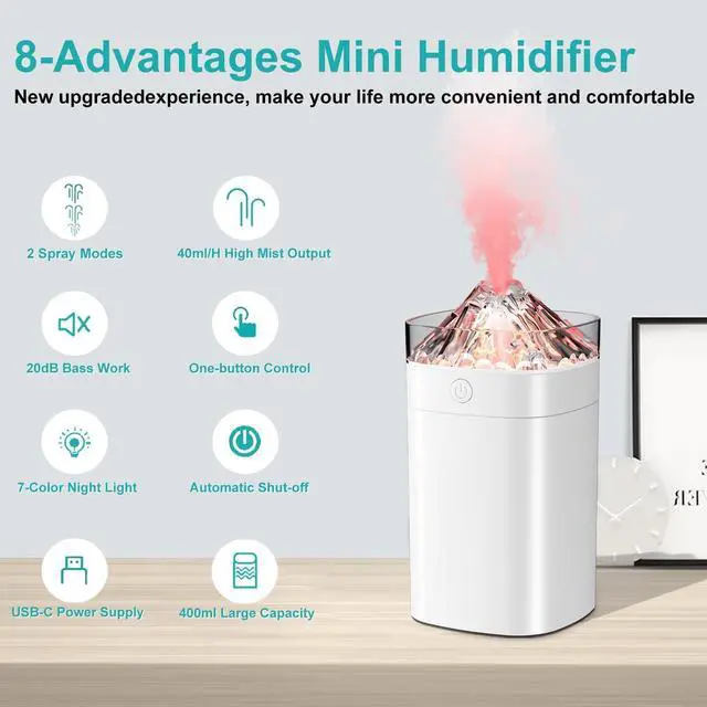 Alt view image 2 of 7 - Portable Small Humidifier, 400ml Cool Mist Humidifiers for Bedroom, USB Powered Desktop Humidifier with Light for Car, Office, Travel, Plants, Auto Shut-Off, 2 Mist Modes, Super Quiet, White