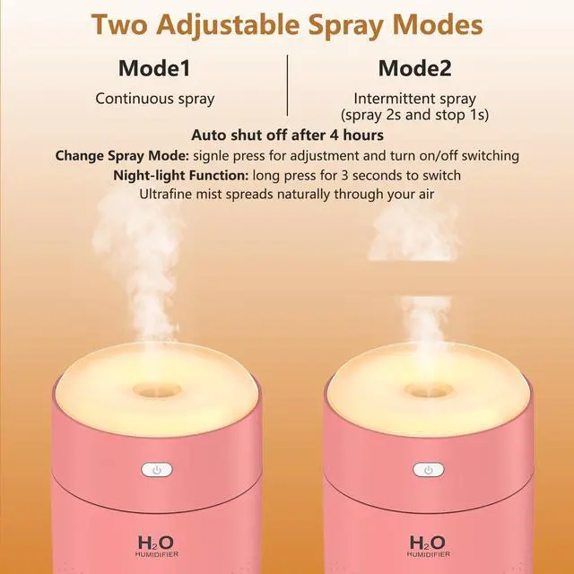 Alt view image 4 of 7 - Portable Mini Humidifier, Auto Shut-Off, 2 Mist Modes, Quite, Small Humidifiers for Bedroom Travel Office Desk Plants (Pink)
