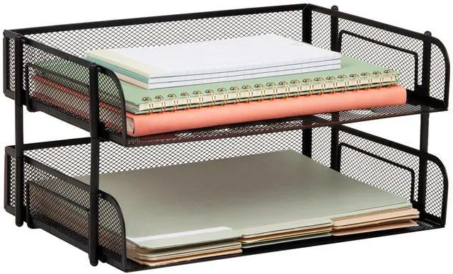 Main image of 2-Tier Stackable Paper Tray, Desktop Organizer for Letter-Size Documents, Office File Storage, Metal Mesh, Set of 2, Black