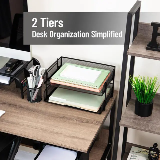 Alt view image 2 of 7 - 2-Tier Stackable Paper Tray, Desktop Organizer for Letter-Size Documents, Office File Storage, Metal Mesh, Set of 2, Black
