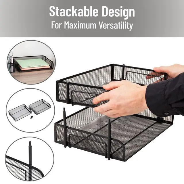 Alt view image 4 of 7 - 2-Tier Stackable Paper Tray, Desktop Organizer for Letter-Size Documents, Office File Storage, Metal Mesh, Set of 2, Black