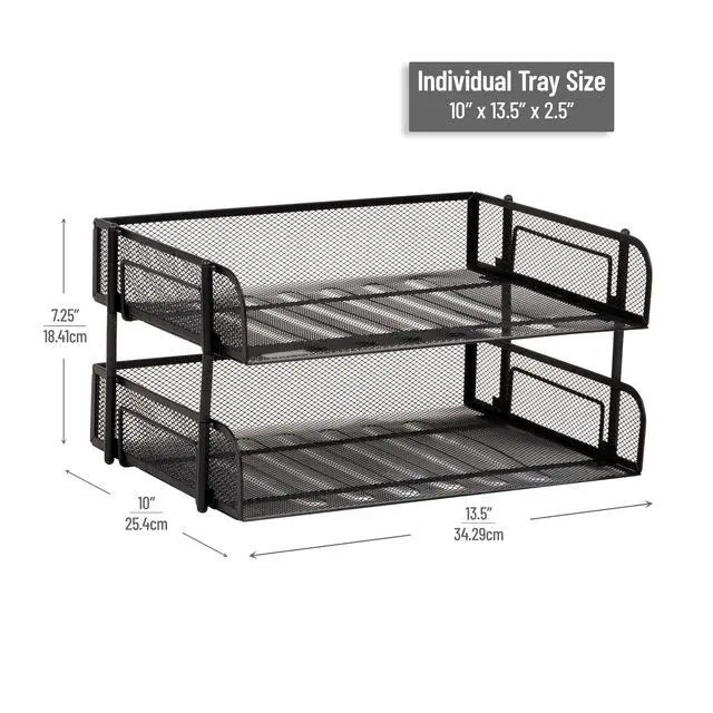 Alt view image 3 of 7 - 2-Tier Stackable Paper Tray, Desktop Organizer for Letter-Size Documents, Office File Storage, Metal Mesh, Set of 2, Black