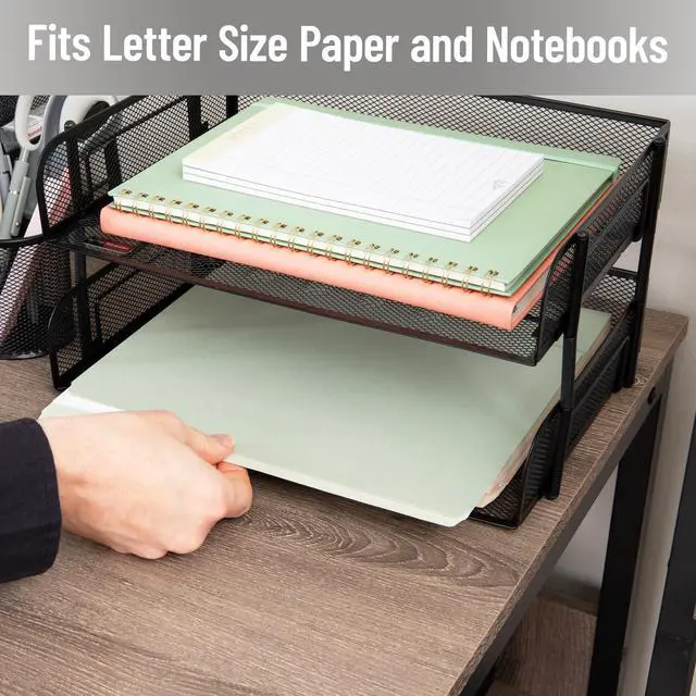 Alt view image 6 of 7 - 2-Tier Stackable Paper Tray, Desktop Organizer for Letter-Size Documents, Office File Storage, Metal Mesh, Set of 2, Black