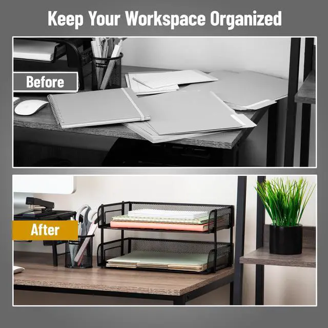 Alt view image 5 of 7 - 2-Tier Stackable Paper Tray, Desktop Organizer for Letter-Size Documents, Office File Storage, Metal Mesh, Set of 2, Black