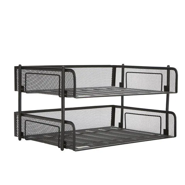 Alt view image 7 of 7 - 2-Tier Stackable Paper Tray, Desktop Organizer for Letter-Size Documents, Office File Storage, Metal Mesh, Set of 2, Black