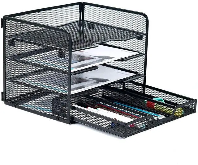 Main image of 4 Tier Mesh Paper Letter Tray,Desk File Organizer with A Sliding Drawer,Office Supplies Desk Organizer for Home Office,Black.