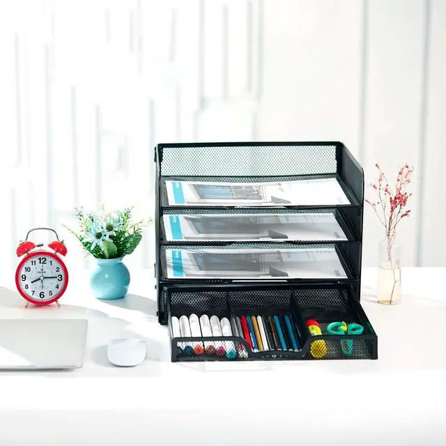 Alt view image 4 of 7 - 4 Tier Mesh Paper Letter Tray,Desk File Organizer with A Sliding Drawer,Office Supplies Desk Organizer for Home Office,Black.