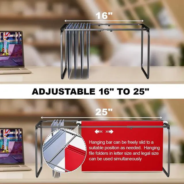 Alt view image 2 of 7 - 2 Sets Upgraded Adjustable Hanging File Folder Frame,Legal/Letter Size,Length Adjusted 16 to 25 inches,Heavy Duty Steel File Drawer/Cabinet Organizer Insert, Hanging Folder Holder,12.598" W X 9.45" H