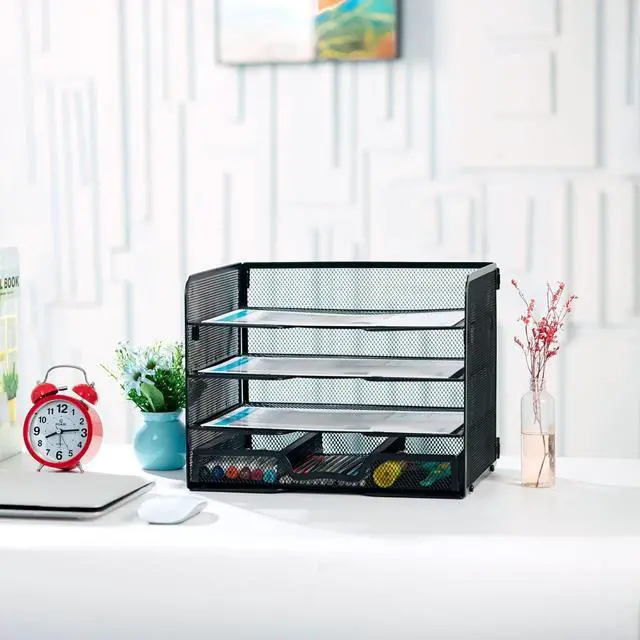 Alt view image 3 of 7 - 4 Tier Mesh Paper Letter Tray,Desk File Organizer with A Sliding Drawer,Office Supplies Desk Organizer for Home Office,Black.