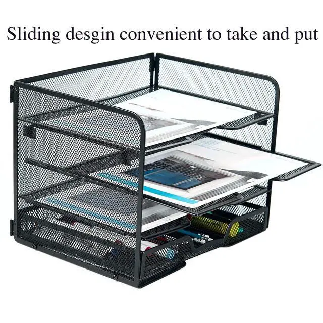 Alt view image 6 of 7 - 4 Tier Mesh Paper Letter Tray,Desk File Organizer with A Sliding Drawer,Office Supplies Desk Organizer for Home Office,Black.