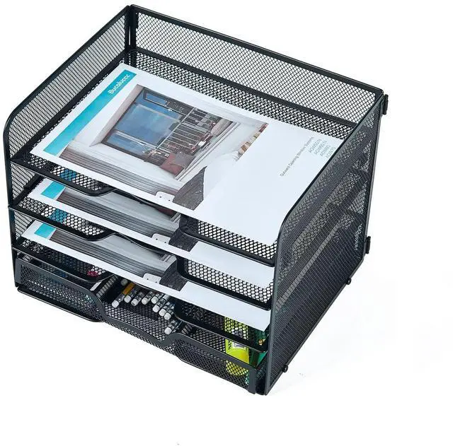 Alt view image 7 of 7 - 4 Tier Mesh Paper Letter Tray,Desk File Organizer with A Sliding Drawer,Office Supplies Desk Organizer for Home Office,Black.