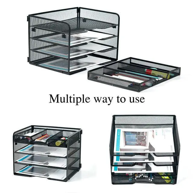 Alt view image 2 of 7 - 4 Tier Mesh Paper Letter Tray,Desk File Organizer with A Sliding Drawer,Office Supplies Desk Organizer for Home Office,Black.