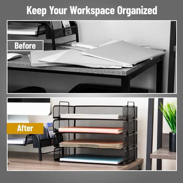 Alt view image 5 of 7 - Stackable Paper Tray, Desktop Organizer, File Storage, Office, Metal Mesh, 4 Pcs., Black