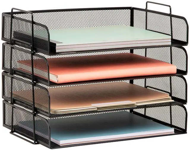 Main image of Stackable Paper Tray, Desktop Organizer, File Storage, Office, Metal Mesh, 4 Pcs., Black