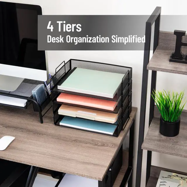Alt view image 2 of 7 - Stackable Paper Tray, Desktop Organizer, File Storage, Office, Metal Mesh, 4 Pcs., Black