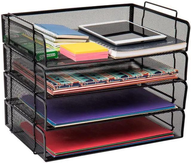 Alt view image 7 of 7 - Stackable Paper Tray, Desktop Organizer, File Storage, Office, Metal Mesh, 4 Pcs., Black