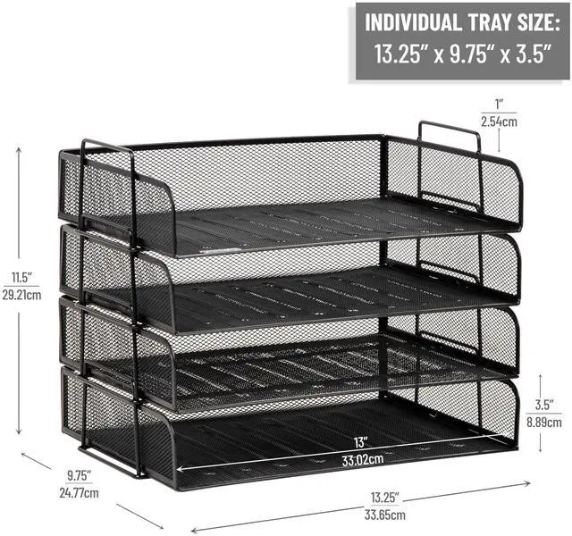 Alt view image 3 of 7 - Stackable Paper Tray, Desktop Organizer, File Storage, Office, Metal Mesh, 4 Pcs., Black