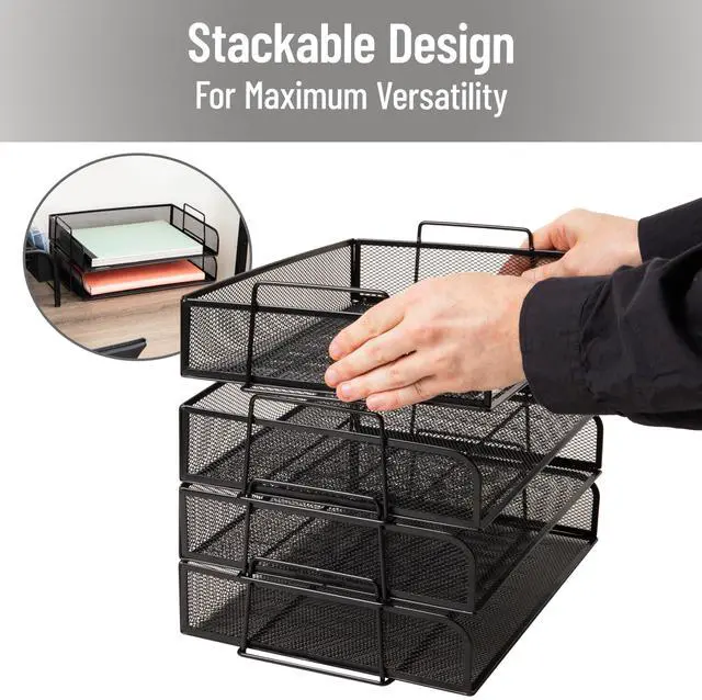 Alt view image 4 of 7 - Stackable Paper Tray, Desktop Organizer, File Storage, Office, Metal Mesh, 4 Pcs., Black