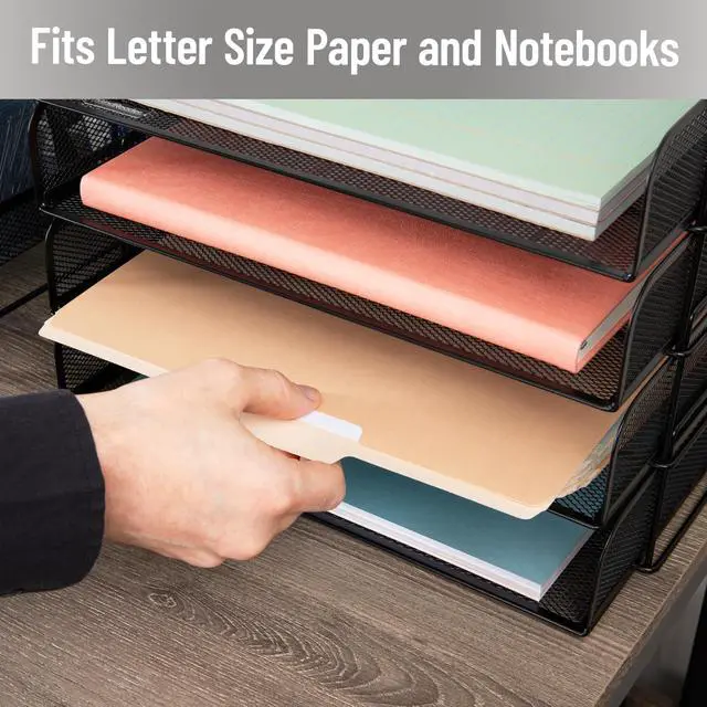 Alt view image 6 of 7 - Stackable Paper Tray, Desktop Organizer, File Storage, Office, Metal Mesh, 4 Pcs., Black
