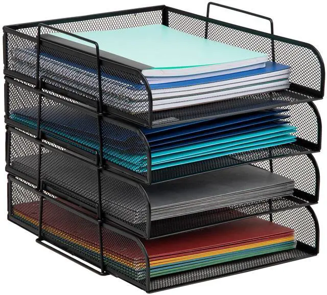 Main image of Stackable Paper Tray, Desktop Organizer, File Storage, Office, Metal Mesh, 10.5" L x 13.5" W x 11.25" H, 4 Pcs., Black