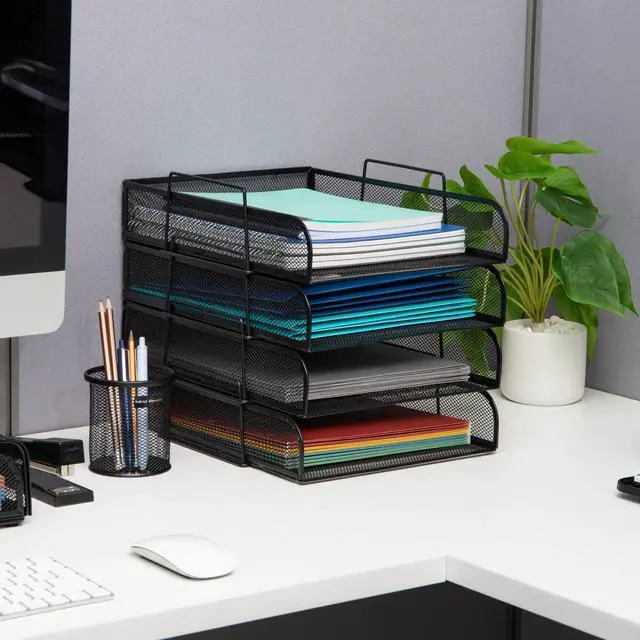 Alt view image 2 of 7 - Stackable Paper Tray, Desktop Organizer, File Storage, Office, Metal Mesh, 10.5" L x 13.5" W x 11.25" H, 4 Pcs., Black