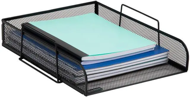 Alt view image 5 of 7 - Stackable Paper Tray, Desktop Organizer, File Storage, Office, Metal Mesh, 10.5" L x 13.5" W x 11.25" H, 4 Pcs., Black