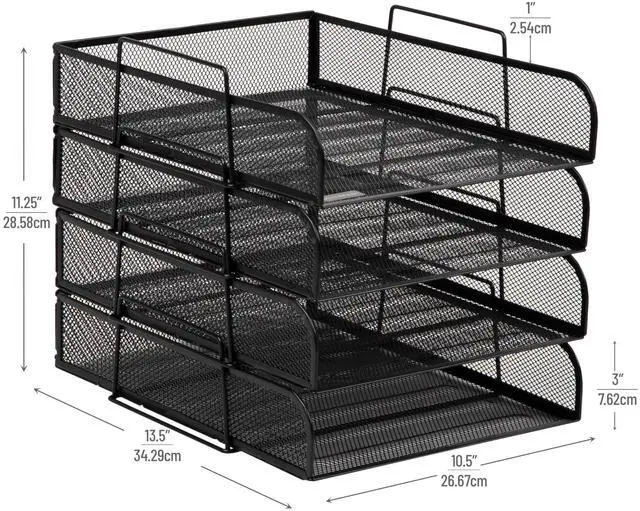 Alt view image 3 of 7 - Stackable Paper Tray, Desktop Organizer, File Storage, Office, Metal Mesh, 10.5" L x 13.5" W x 11.25" H, 4 Pcs., Black