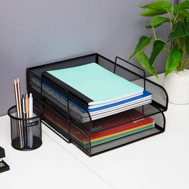 Alt view image 6 of 7 - Stackable Paper Tray, Desktop Organizer, File Storage, Office, Metal Mesh, 10.5" L x 13.5" W x 11.25" H, 4 Pcs., Black