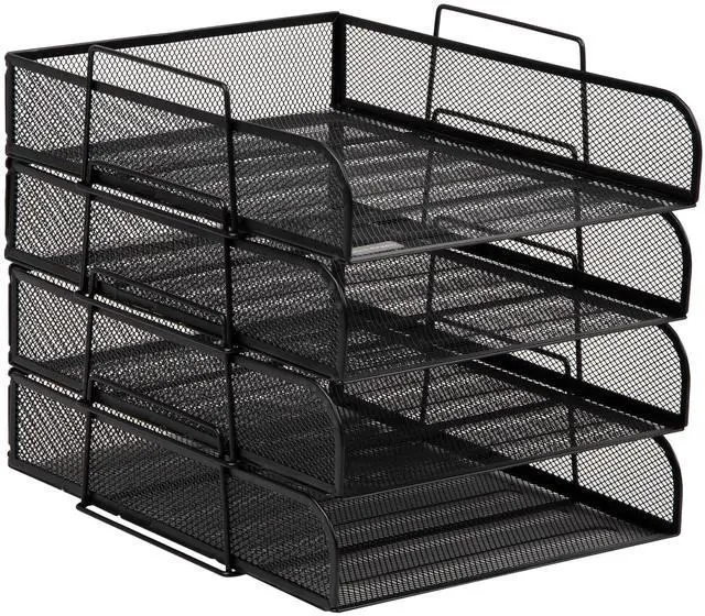 Alt view image 7 of 7 - Stackable Paper Tray, Desktop Organizer, File Storage, Office, Metal Mesh, 10.5" L x 13.5" W x 11.25" H, 4 Pcs., Black