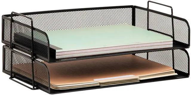 Main image of Stackable Paper Tray, Desktop Organizer, File Storage, Office, Metal Mesh, 2 Pcs., Black