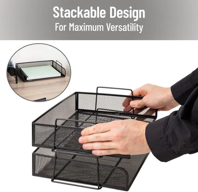 Alt view image 4 of 7 - Stackable Paper Tray, Desktop Organizer, File Storage, Office, Metal Mesh, 2 Pcs., Black