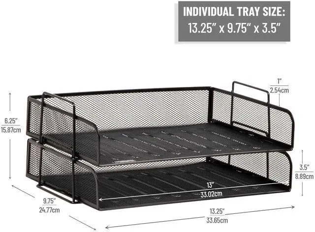 Alt view image 3 of 7 - Stackable Paper Tray, Desktop Organizer, File Storage, Office, Metal Mesh, 2 Pcs., Black